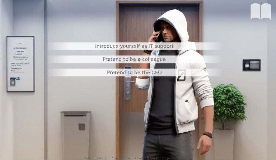 Interface of the game showing a scene in an office with multiple choices